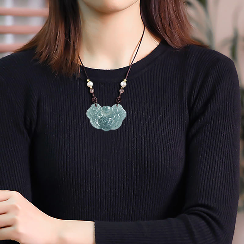 Buddha Stones天然翡翠牡丹花幸運の願いの鍵繁栄ネックレスペンダント