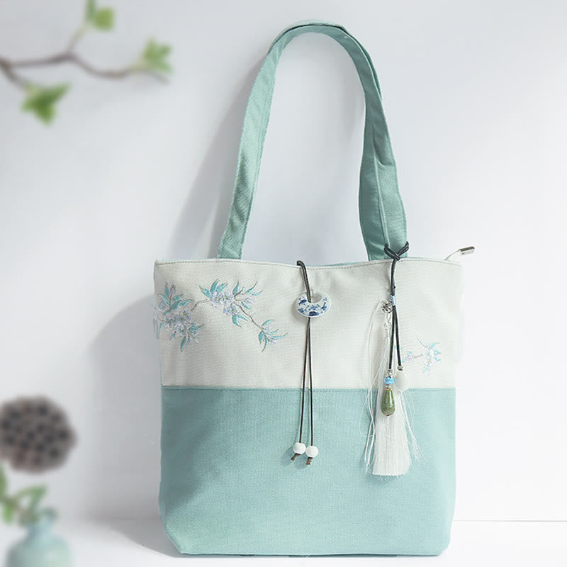 梨花 梅 桃の花 竹刺繍 キャンバス 大容量 ショルダーバッグ トートバッグ