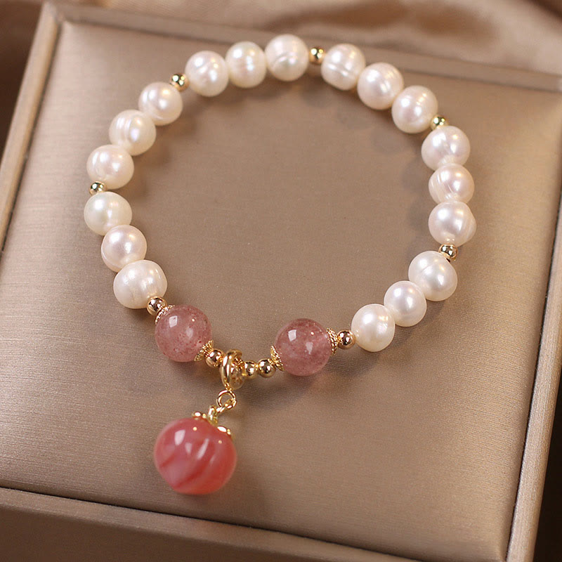 Buddha Stones天然パール ストロベリークォーツ ピーチラブハート ウィズダムチャームブレスレット