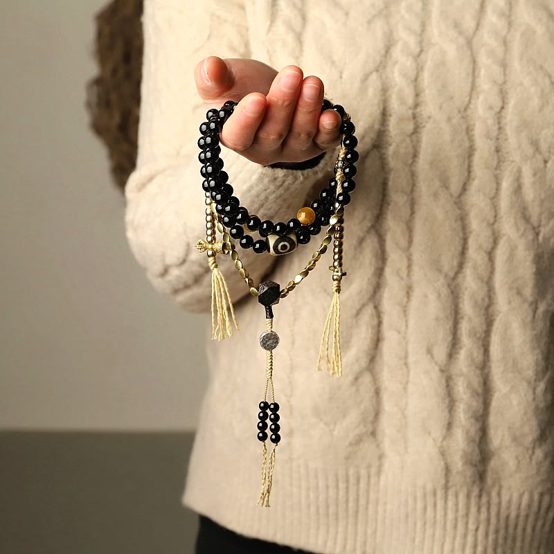 Buddha Stonesチベット 108 個Malaビーズ ブラックオニキス 三目 ジービーズ 守護ブレスレット