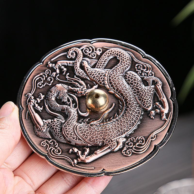 Buddha Stones丸型 縁起の良い龍 守護 銅合金 スティック型 香炉 装飾