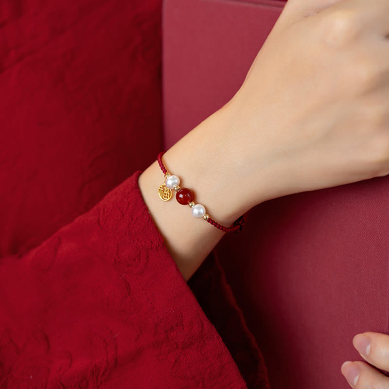 Buddha Stones925 スターリングシルバー 幸運の福の文字瑪瑙真珠 赤い紐編みブレスレット