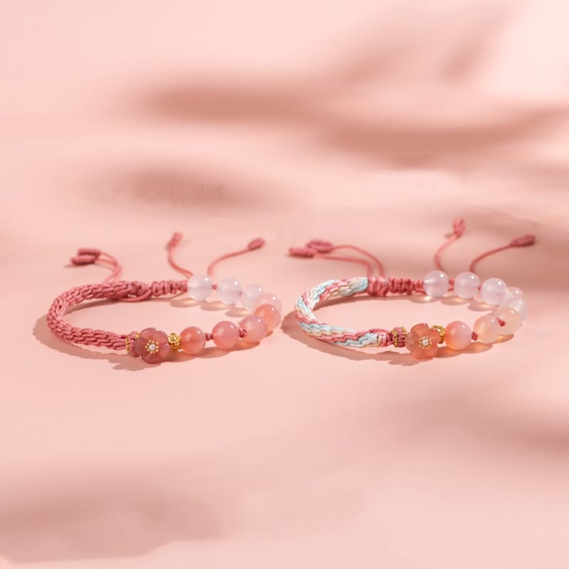 Buddha Stones天然グラデーション瑪瑙 輪廻結び 桃の花 富と幸運 手作り 紐ブレスレット