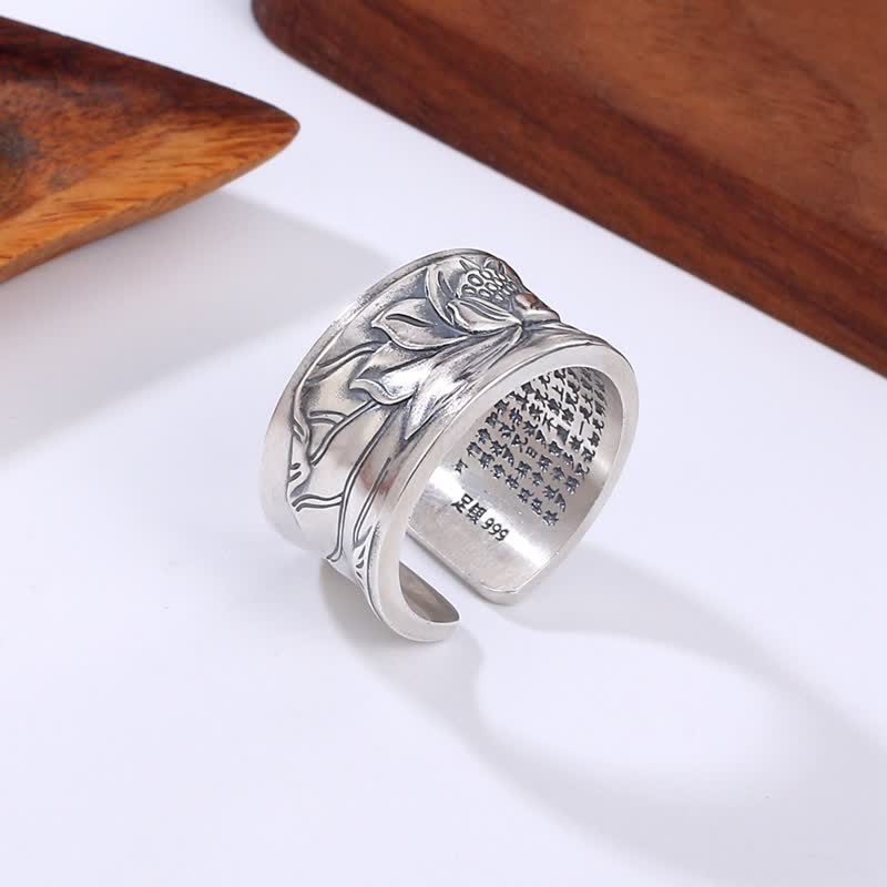 Buddha Stones999スターリングシルバー 蓮の花 般若心経 守護リング