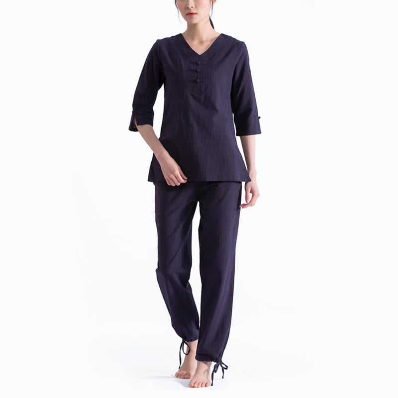 Buddha Stonesヨガ瞑想祈りVネックデザインコットンリネン服ユニフォーム禅練習レディースセット