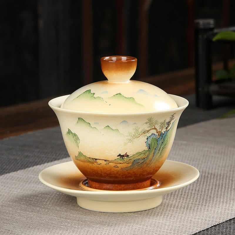 Buddha Stones山の風景 田舎 陶器 蓋碗 三彩 ティーカップ カンフー ティーカップ ソーサー 蓋付き