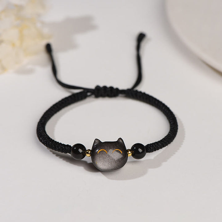Buddha Stonesハンドメイド 天然銀光沢黒曜石 ストロベリークォーツ かわいい猫のお守り編み込みブレスレット - 銀影黒曜石(コミュニケーション♥癒し) - 笑顔の猫 - image 1