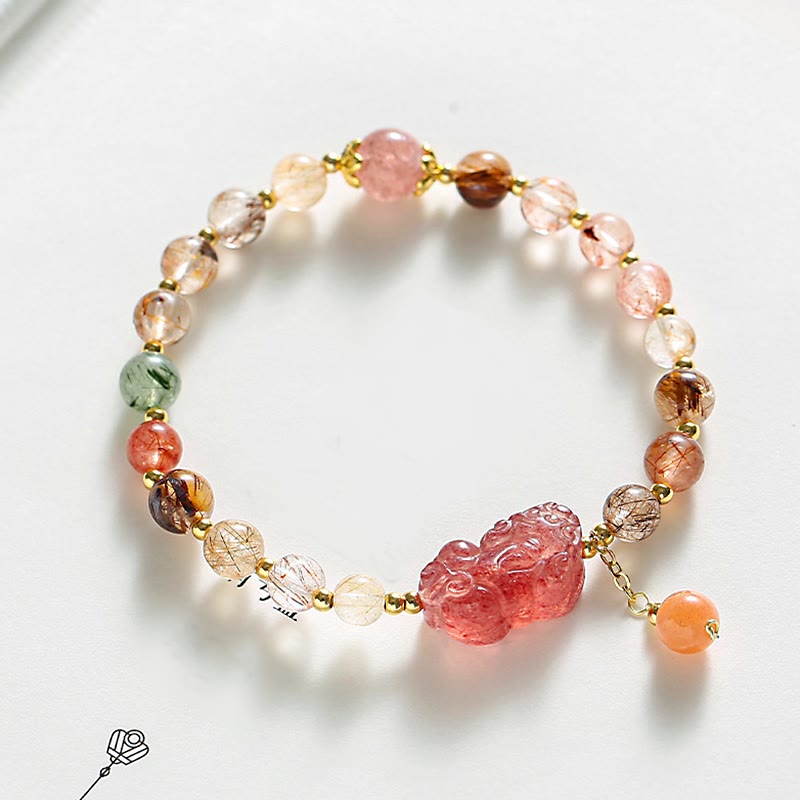 Buddha Stones天然ルチルクォーツ ストロベリークォーツ 貔貅開運財運ブレスレット