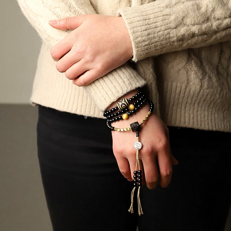 Buddha Stonesチベット 108 個Malaビーズ ブラックオニキス 三目 ジービーズ 守護ブレスレット