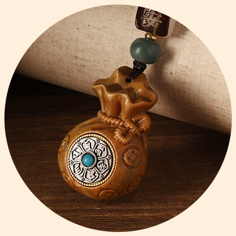 Buddha Stones小葉 紅白檀 緑白檀 マネーバッグOm Mani Padme Hum回転式保護吊り下げ装飾