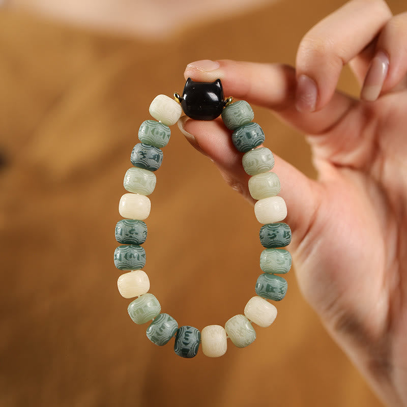 Buddha Stonesの銀光沢黒曜石猫の頭、オーム・マニ・パドメ・フムの彫刻入りハーモニーブレスレット - グリーン菩提樹(手首周り14~16cm) - image 8