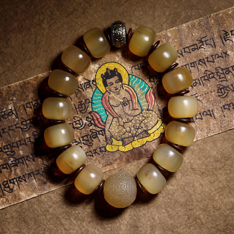 Buddha Stones手作り チベット羊角オーム・マニ・パドメ・フム縁起の良いブレスレット