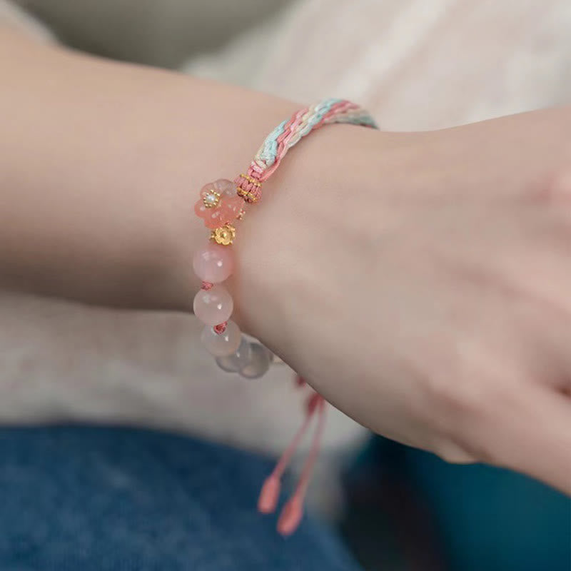 Buddha Stones天然グラデーション瑪瑙 輪廻結び 桃の花 富と幸運 手作り 紐ブレスレット