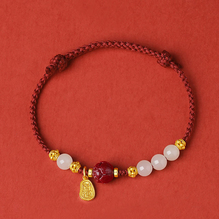 Buddha Stones24K 金メッキ 和田白翡翠 辰砂 蓮華 幸運 ロープ ブレスレット
