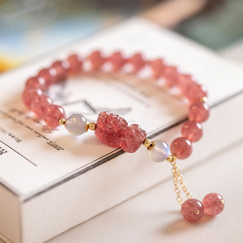 Buddha Stones天然ストロベリークォーツ ムーンストーン 貔貅 愛のヒーリングブレスレット