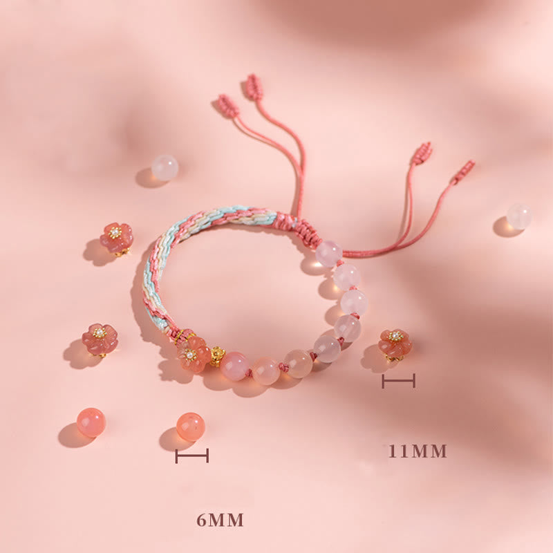 Buddha Stones天然グラデーション瑪瑙 輪廻結び 桃の花 富と幸運 手作り 紐ブレスレット