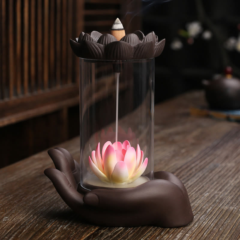 Buddha Stones仏陀の手 蓮 悟り LEDライト 紫 粘土 陶器 香炉 装飾