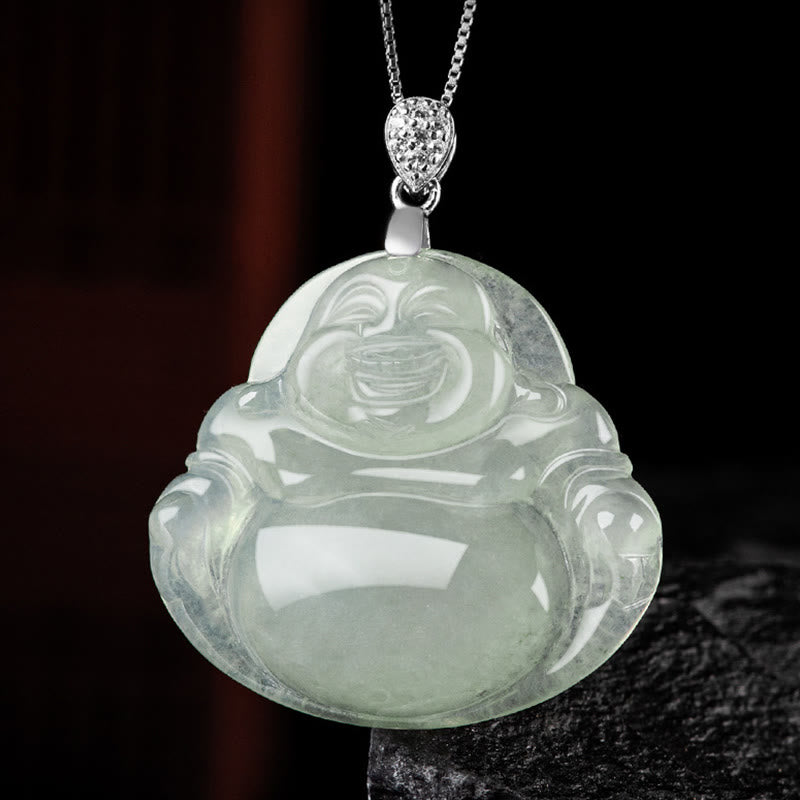 Buddha Stones925スターリングシルバー 天然翡翠 笑い仏 繁栄 豊穣 チェーンネックレス ペンダント