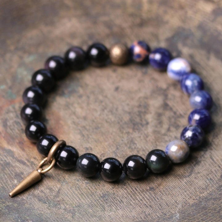 Buddha Stonesブラックオブシディアン ソーダライト クリスタル 銅 強さ カップル ブレスレット