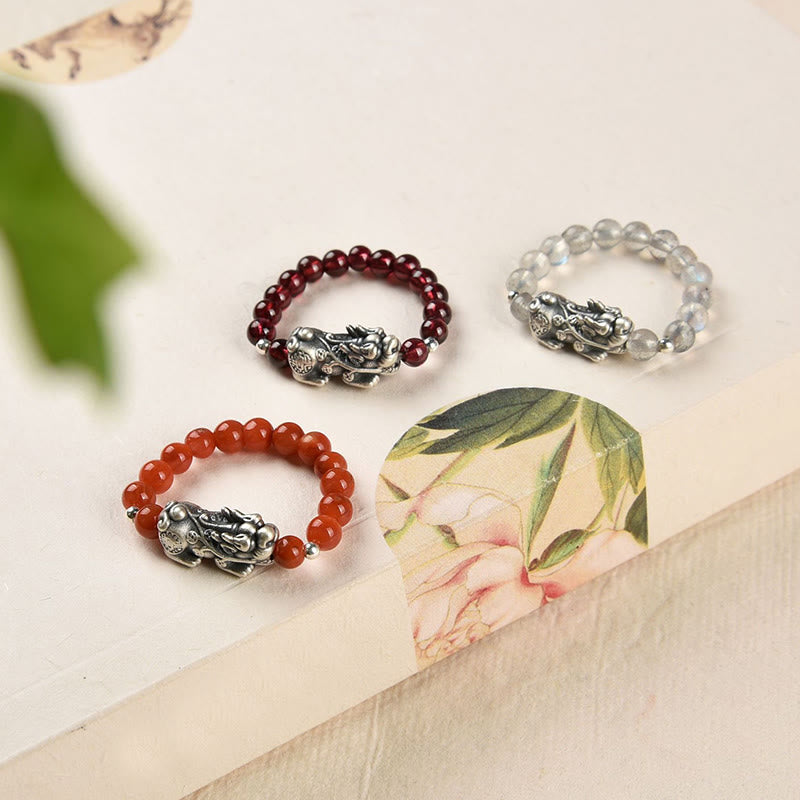 Buddha Stones 925スターリングシルバー 天然ガーネット ムーンストーン レッドアゲート 貔貅 富の指輪