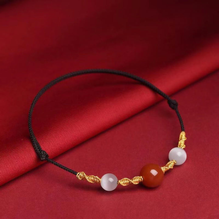 Buddha Stones天然赤瑪瑙 キャッツアイ カーム編み紐ブレスレット ネックレスペンダント - レッドアゲート&キャッツアイ ブラックロープブレスレット(手首周り13~19cm) - image 2