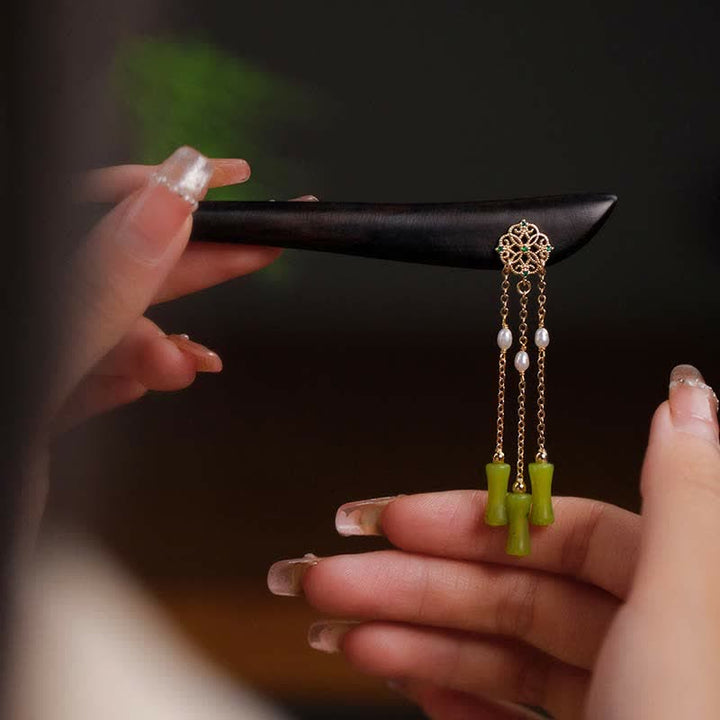 Buddha Stones天然ペリドット 黒檀 木製 ラブタッセル ヘアピン