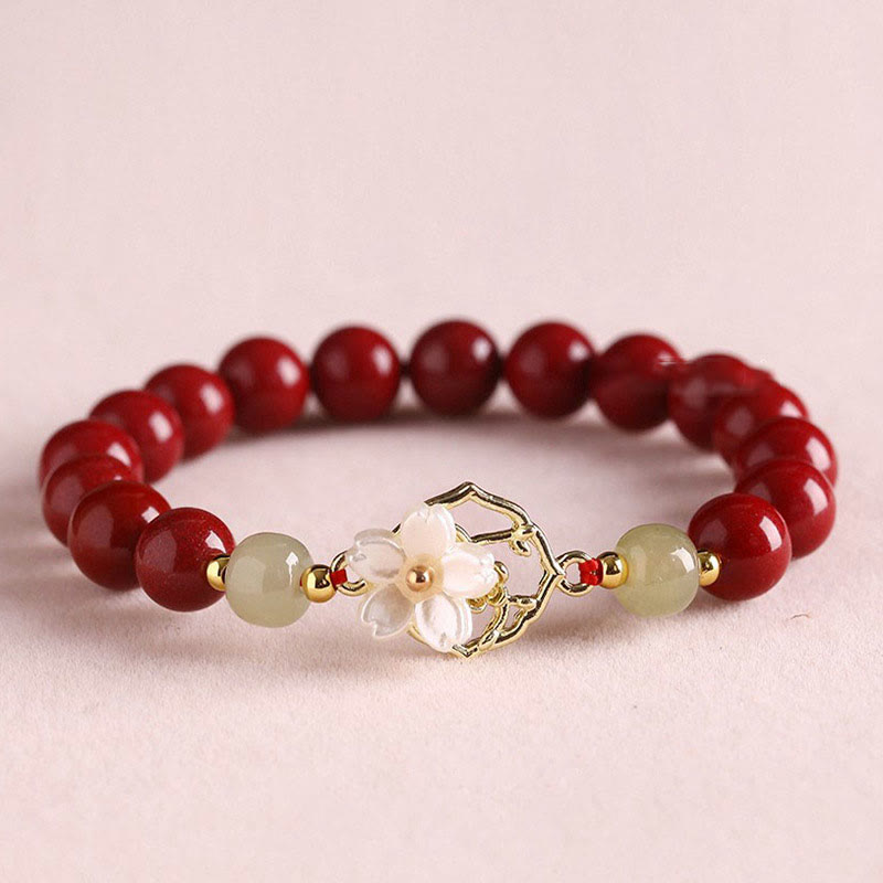 Buddha Stones天然辰砂翡翠ビーズ入りシャコガイ石花の祝福ブレスレット