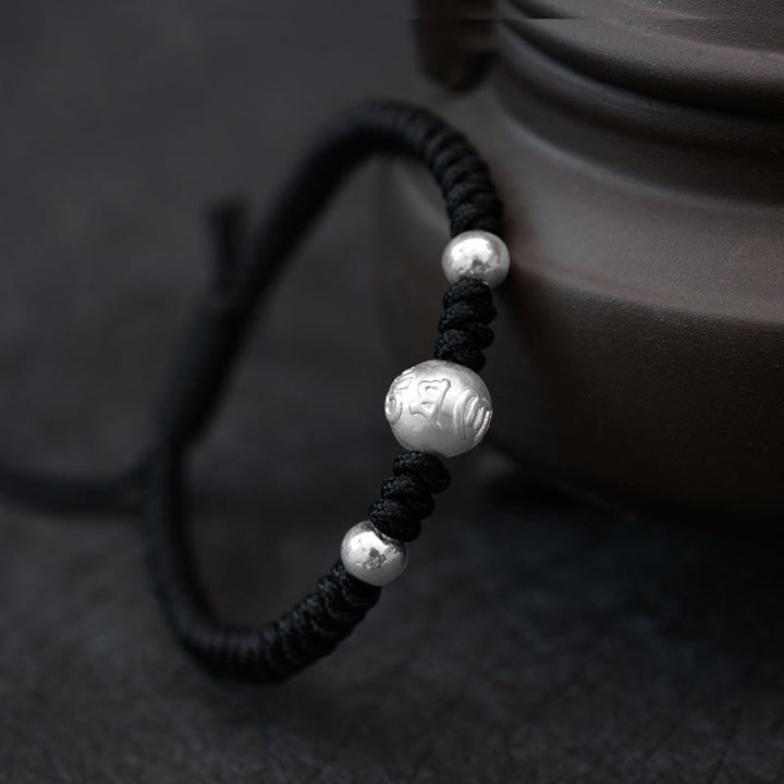 Buddha Stones999 スターリングシルバーオーム・マニ・パドメ・フム銅貨 幸運 強さ 紐 カップルブレスレット