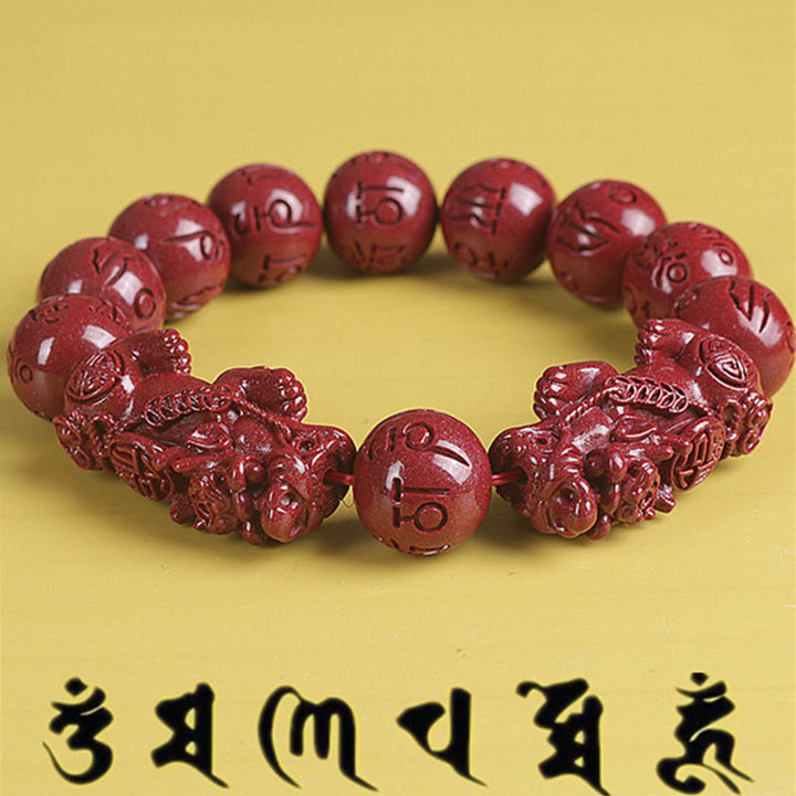 Buddha Stones天然 ダブル 貔貅 辰砂オーム・マニ・パドメ・フム富と幸運のビーズブレスレット