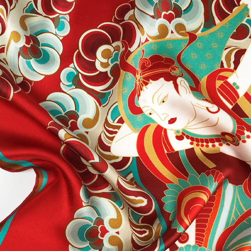 Buddha Stones敦煌 反芻 琵琶 飛翔 フレスコ画 100% 桑絹 スカーフ 高級 6A 敦煌 ショール