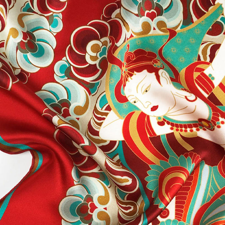 Buddha Stones敦煌 反芻 琵琶 飛翔 フレスコ画 100% 桑絹 スカーフ 高級 6A 敦煌 ショール