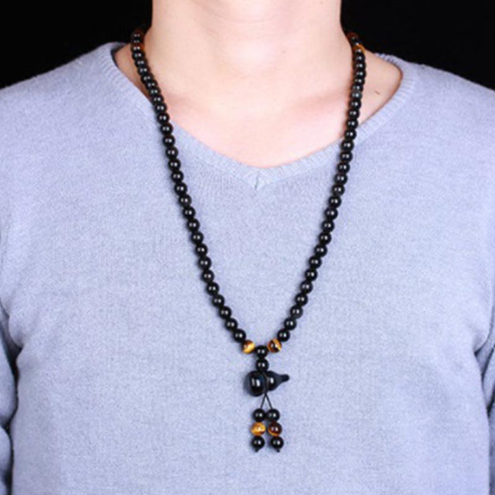 Buddha Stones天然黒曜石 レインボーオブシディアン ひょうたん 祝福ブレスレットMala