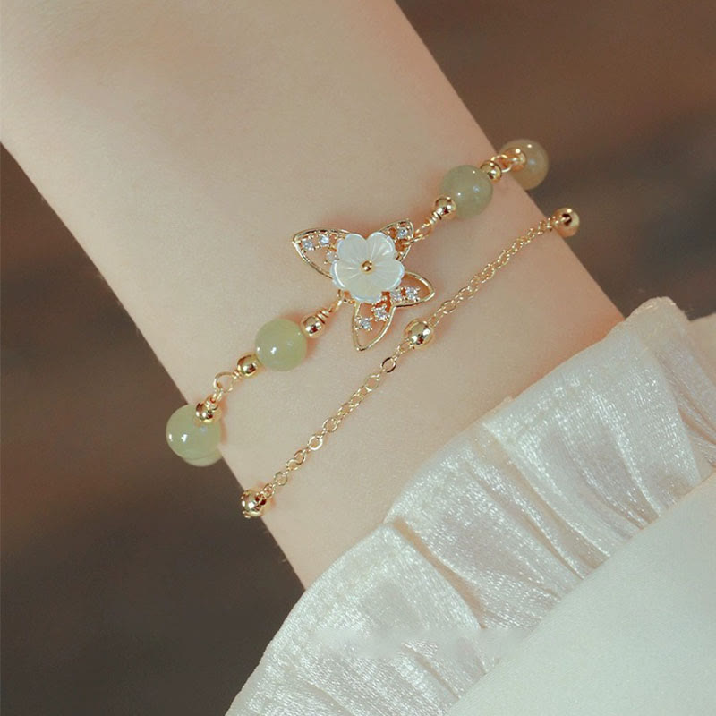 Buddha Stones 14K金メッキ 翡翠&シャコガイ バタフライモチーフ 2連幸運ブレスレット
