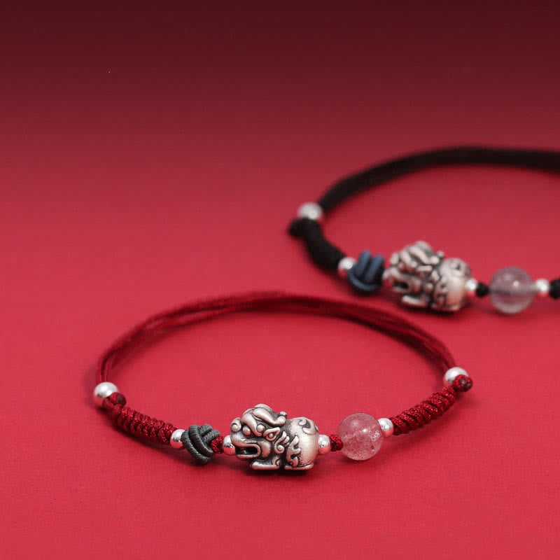 Buddha Stones 999スターリングシルバー PiXiu ストロベリークォーツビーズ 富と幸運の編み込みブレスレット