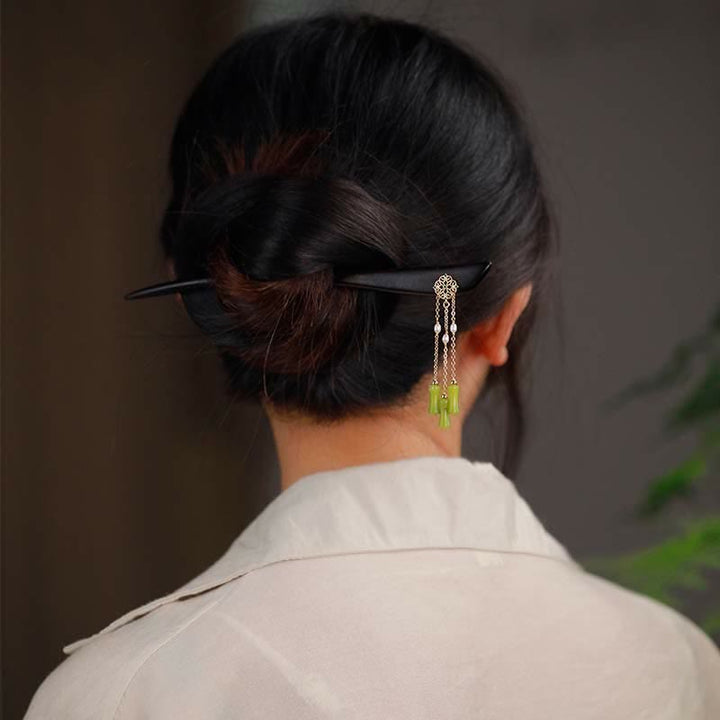 Buddha Stones天然ペリドット 黒檀 木製 ラブタッセル ヘアピン