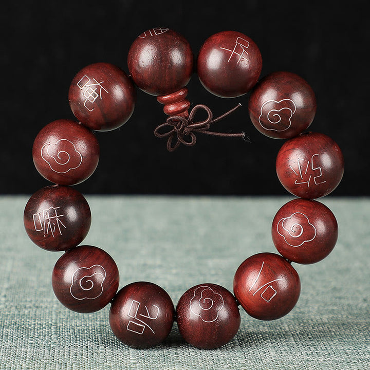 Buddha Stones925 スターリングシルバー 象嵌小葉 赤白檀Om Mani Padme Humキャラクター 縁起の良い雲 保護ブレスレット