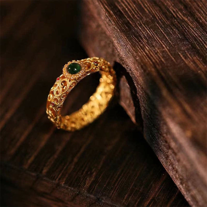 Buddha Stones925スターリングシルバー シアン翡翠 成功の幸運リング