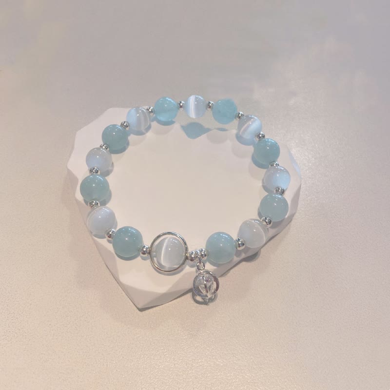 Buddha Stones 925スターリングシルバー キャッツアイ アクアマリン サポートチャームブレスレット