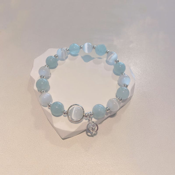 Buddha Stones 925スターリングシルバー キャッツアイ アクアマリン サポートチャームブレスレット