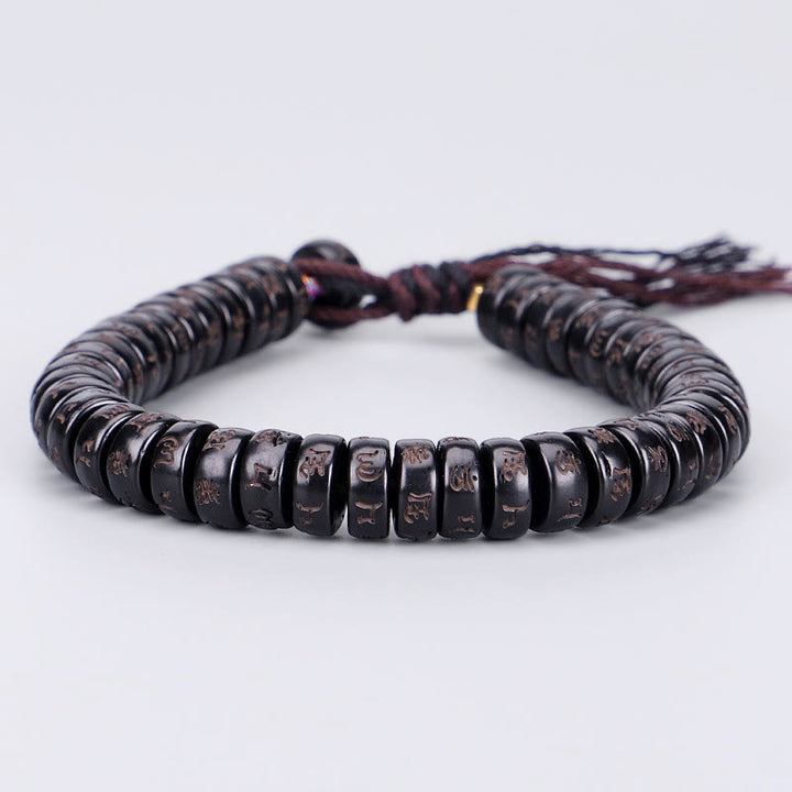 Buddha Stonesチベットココナッツシェルビーズ 彫刻入りオーム・マニ・パドメ・フムマントラ ポジティブストリングブレスレット