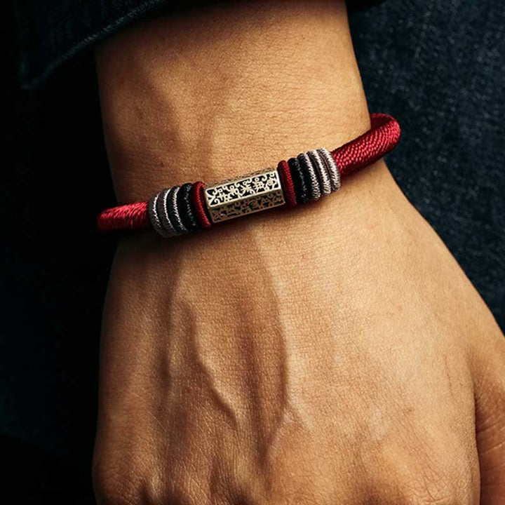 Buddha Stones925スターリングシルバーオーム・マニ・パドメ・フム平和の赤紐ブレスレット