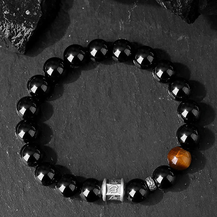 Buddha Stones999 スターリングシルバー ブラックオブシディアン タイガーアイオーム・マニ・パドメ・フムフルフィルメントブレスレット