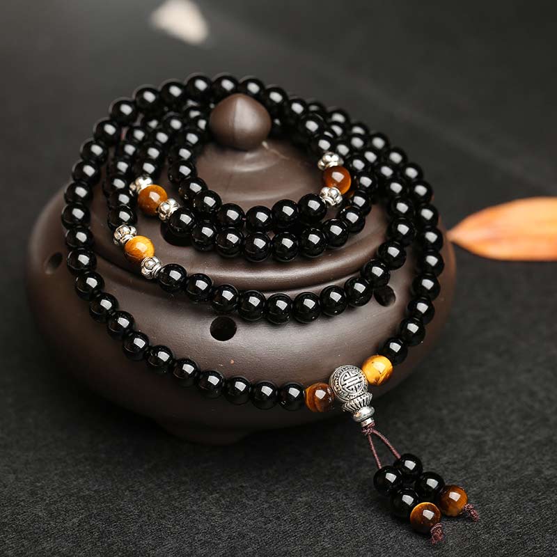 Buddha Stonesブラックオブシディアン タイガーアイ 祝福マーラー数珠ブレスレット