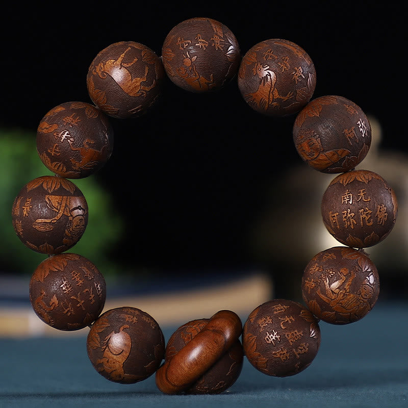 Buddha Stones、十二支、ローズウッド、緑檀、黒檀、銅貨彫刻、落ち着いたブレスレット - 紫檀彫刻の普賢菩薩像 - image 3