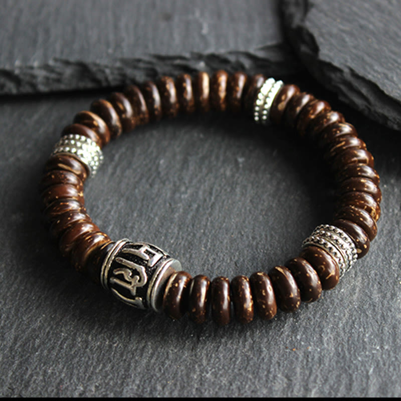 Buddha Stones天然チベットココナッツシェルオーム・マニ・パドメ・フム幸運を呼ぶブレスレット
