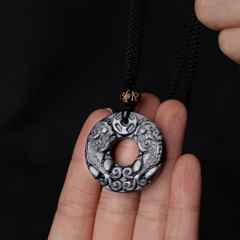 Buddha Stones天然銀光沢黒曜石 ダブル貔貅 銅貨平和のお守りチャーム保護ネックレスペンダント - image 5