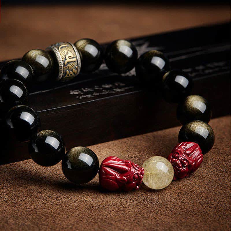 Buddha Stones金彩 黒曜石 貔貅 辰砂オーム・マニ・パドメ・フム守護ブレスレット