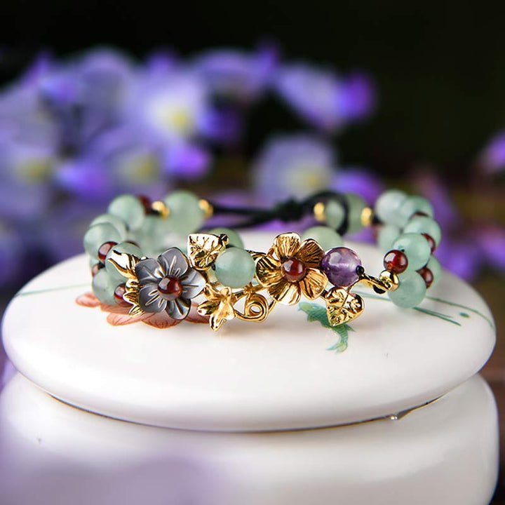 グリーンアベンチュリン ガーネット ビーズ 花びら 幸運 パワーストーンブレスレット Buddha Stones