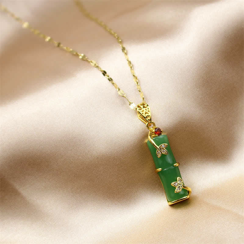 Buddha Stones 白翡翠と青翡翠 竹モチーフ 守護ネックレス（幸運のお守り）