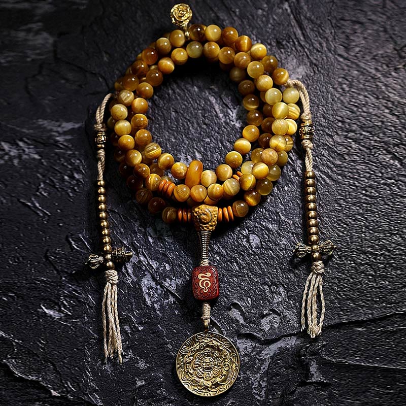 Buddha Stones 108Mala天然タイガーアイ 銅製 ドルジェ 守護 タッセルブレスレット